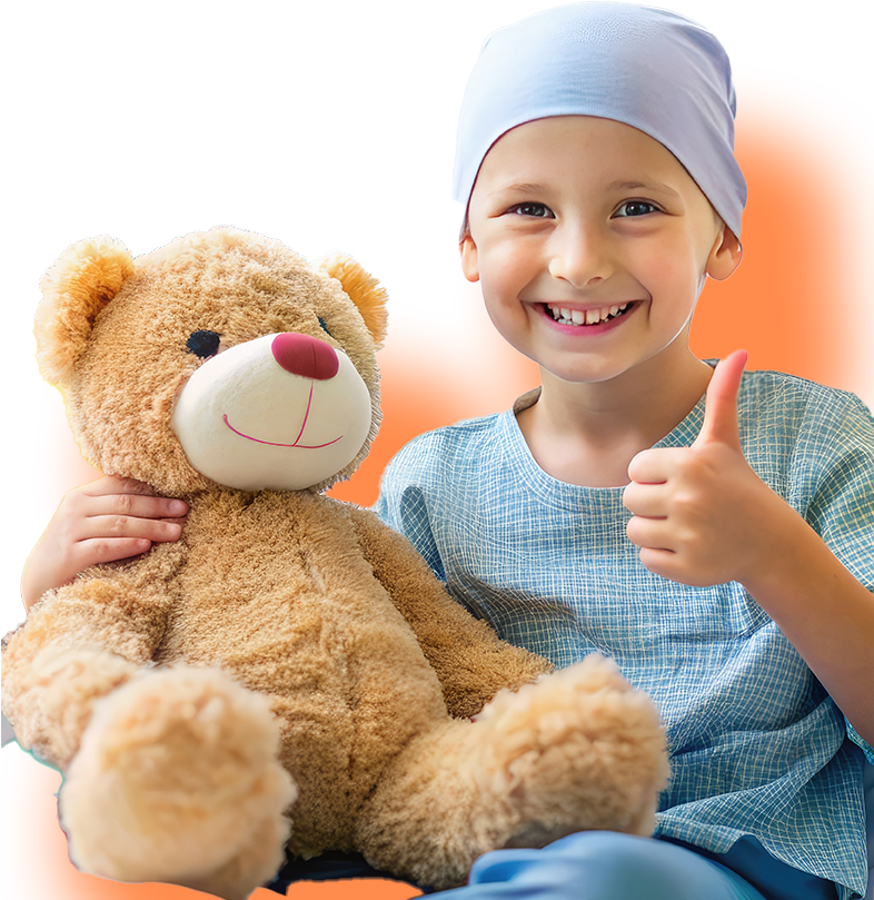 Niño con cancer y un osito siendo positivos